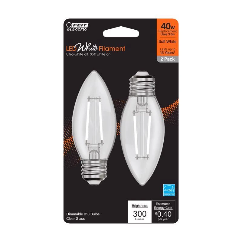 Feit White B10 E26 (Medium) Filament LED Bulb Soft White 40 Watt Equivalence 2 pk