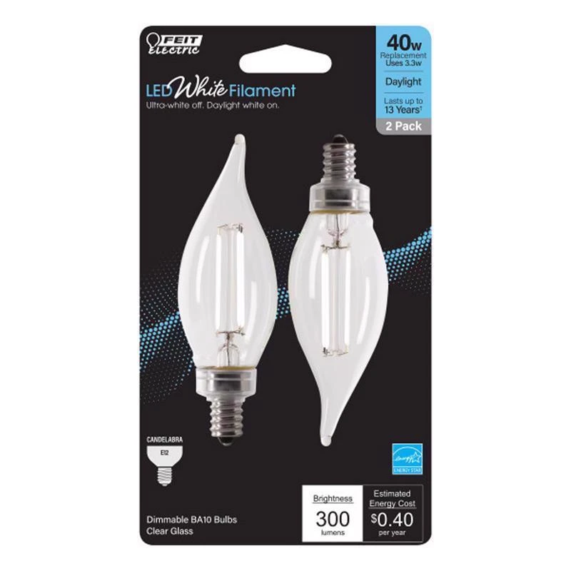 Feit White BA10 E12 (Candelabra) Filament LED Bulb Daylight 40 Watt Equivalence 2 pk