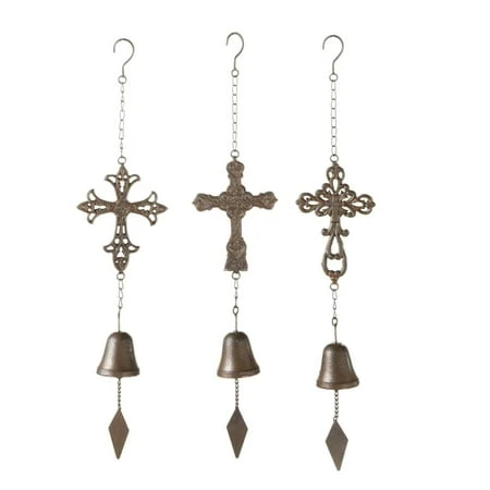 Set Of 2 Rusted Brown Outdoor Patio Cross Wind Chime Cast Iron 23 Inch