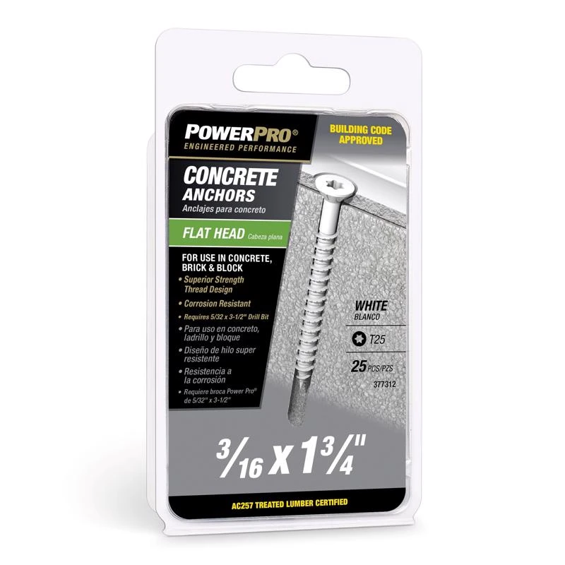 Power Pro 3/16 In. Diameter X 1-3/4 In. Length Carbon Steel Flat Head Concrete Screw Anchor