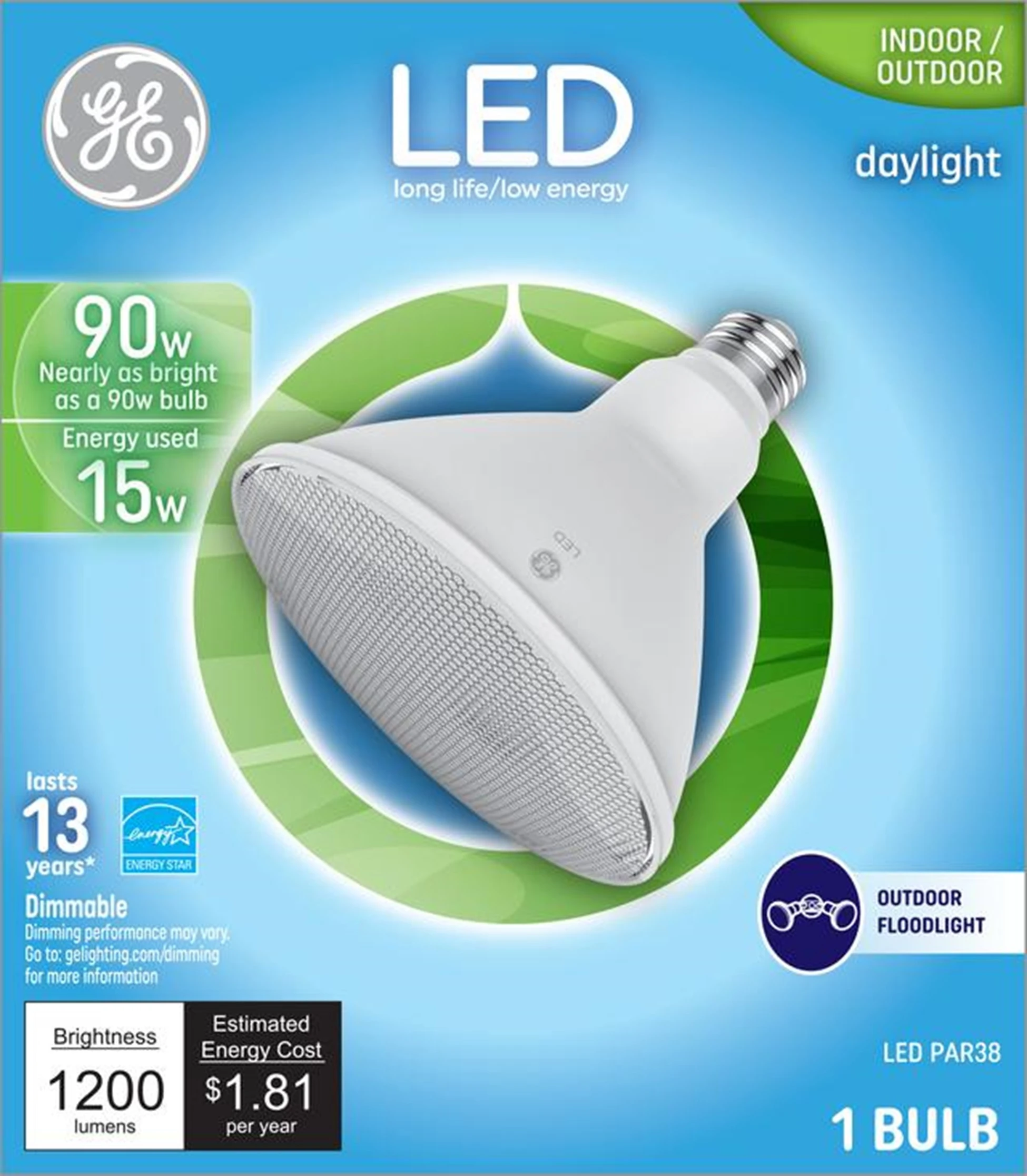 Led Indoor/outdoor Floodlight, Par38, Daylight, Medium Base, 15 Watts, 1200 Lumens
