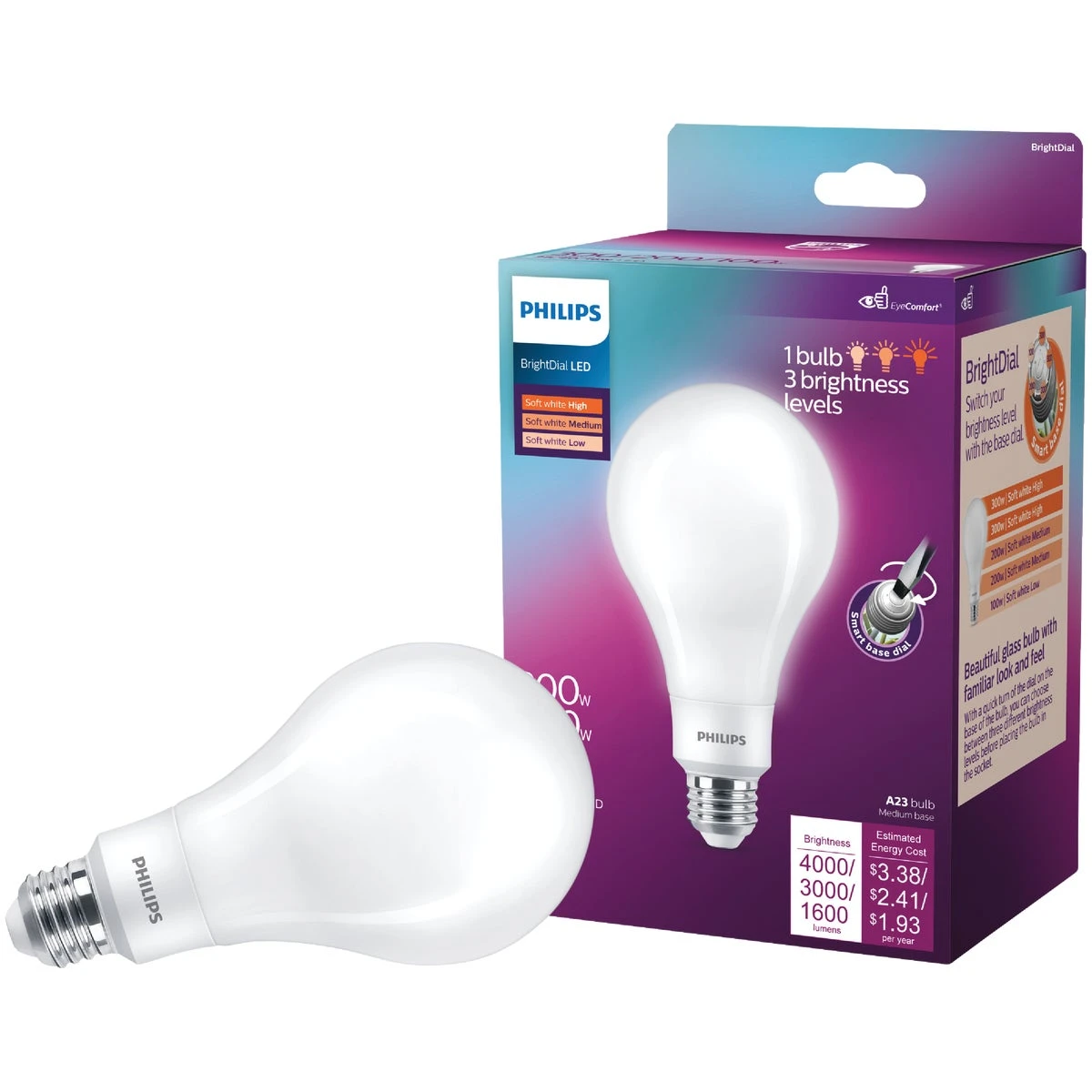 Brightdial A23 Led Light Bulb - 300/200/100w Equivalent, Soft White, 15,000 Hours