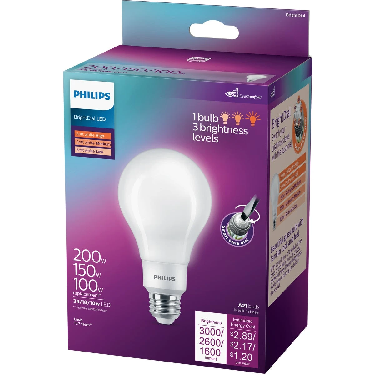 Brightdial A21 Led Light Bulb - 200/150/100w Equivalent, Soft White, 24/18/10w