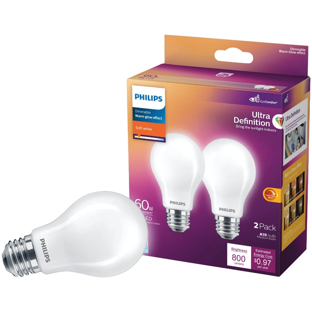 Philips Ultra Definition Warm Glow 60W Equivalent Soft White A19 Medium LED Light Bulb (2-Pack)