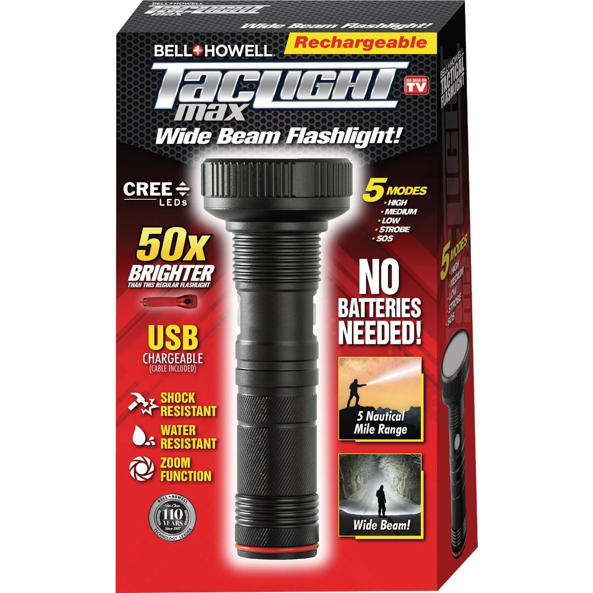 Taclight Max Wide Beam Rechargeable Flashlight - 500 Lumens, 5 Modes, Aluminum