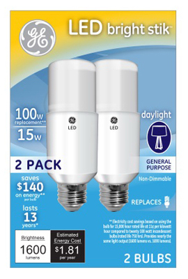 LED Bright Stik Light Bulb, Daylight, 15-Watts, 2-Pk.