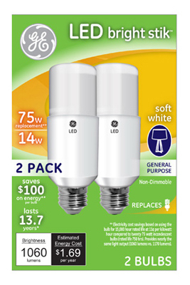 LED Bright Stik Bulb, Soft White, 14-Watt, 2-Pk.