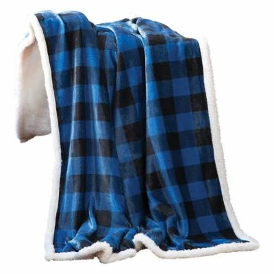 Blue Lumberjack Buffalo Plaid Sherpa Fleece Throw Blanket, 54 X 68 Inches