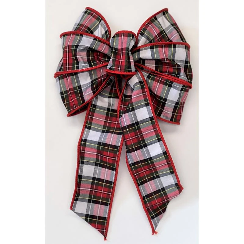 Black/red/white 7 Loop Plaid Christmas Bow 14 In. Decorative Accent