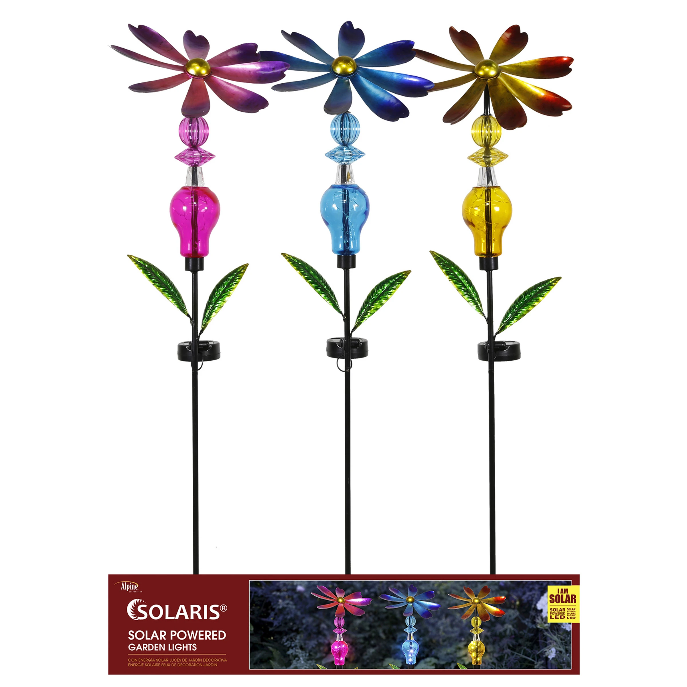 38 In. H. Metal Bejeweled Spinning Floral Solar Stake Light - Colorful Outdoor Decor