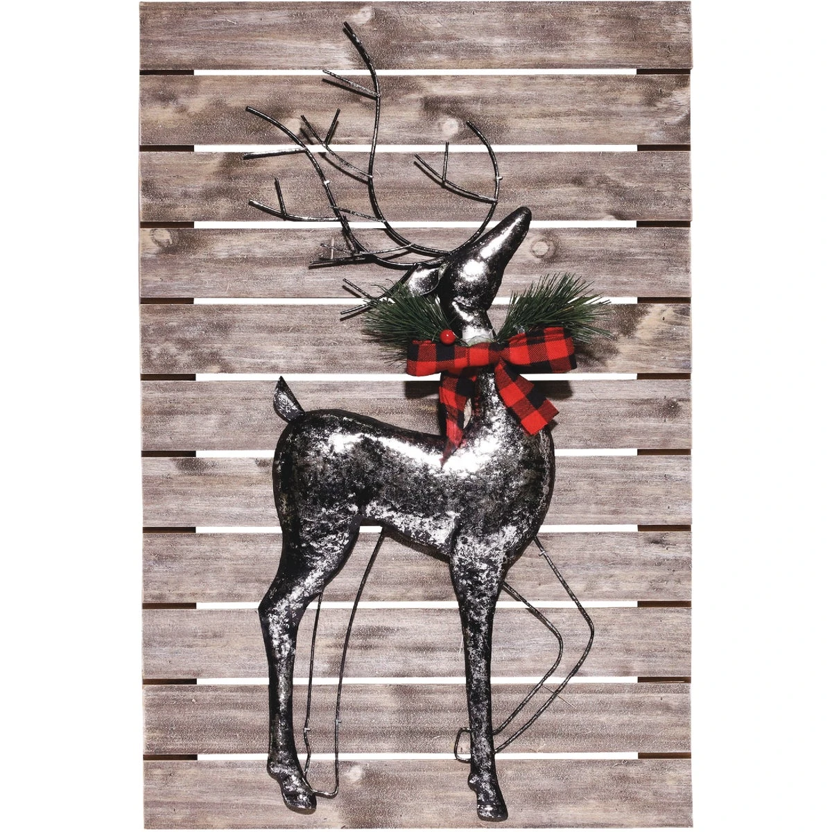 Silver Metal Reindeer On Rustic Wood Wall Decoration 2 In. W. X 24 In. H. X 15 In. L.