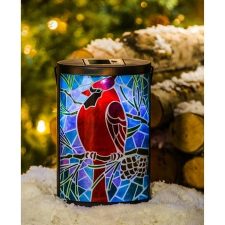 Led Solar Stained Glass Cardinal Hanging Lantern - Decorative Outdoor Lighting