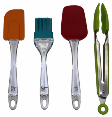 Silicone Kitchen Utensil Set, 4-piece With Spatulas, Basting Brush & Tongs