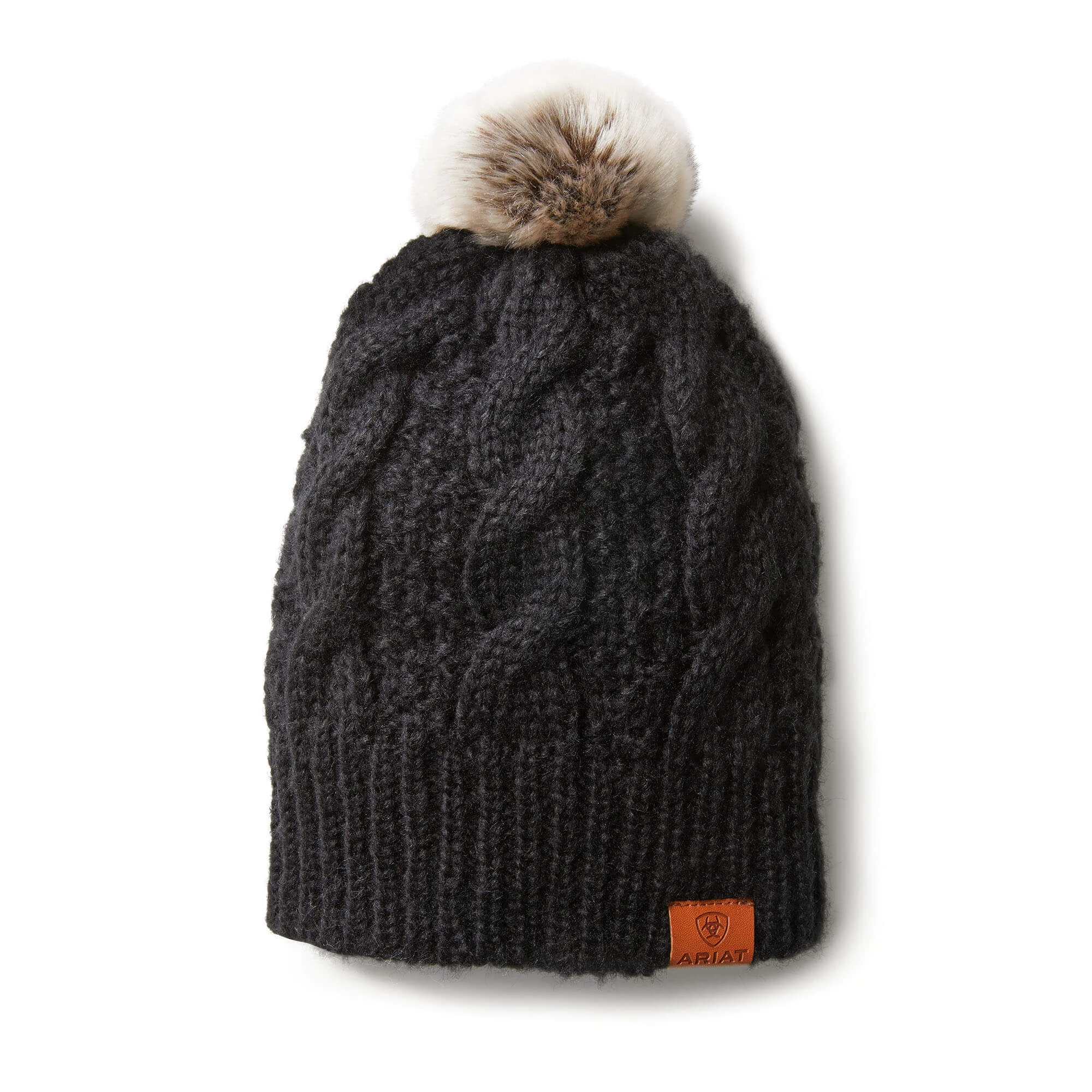 Cable Knit Beanie With Faux Fur Pom - Black Color