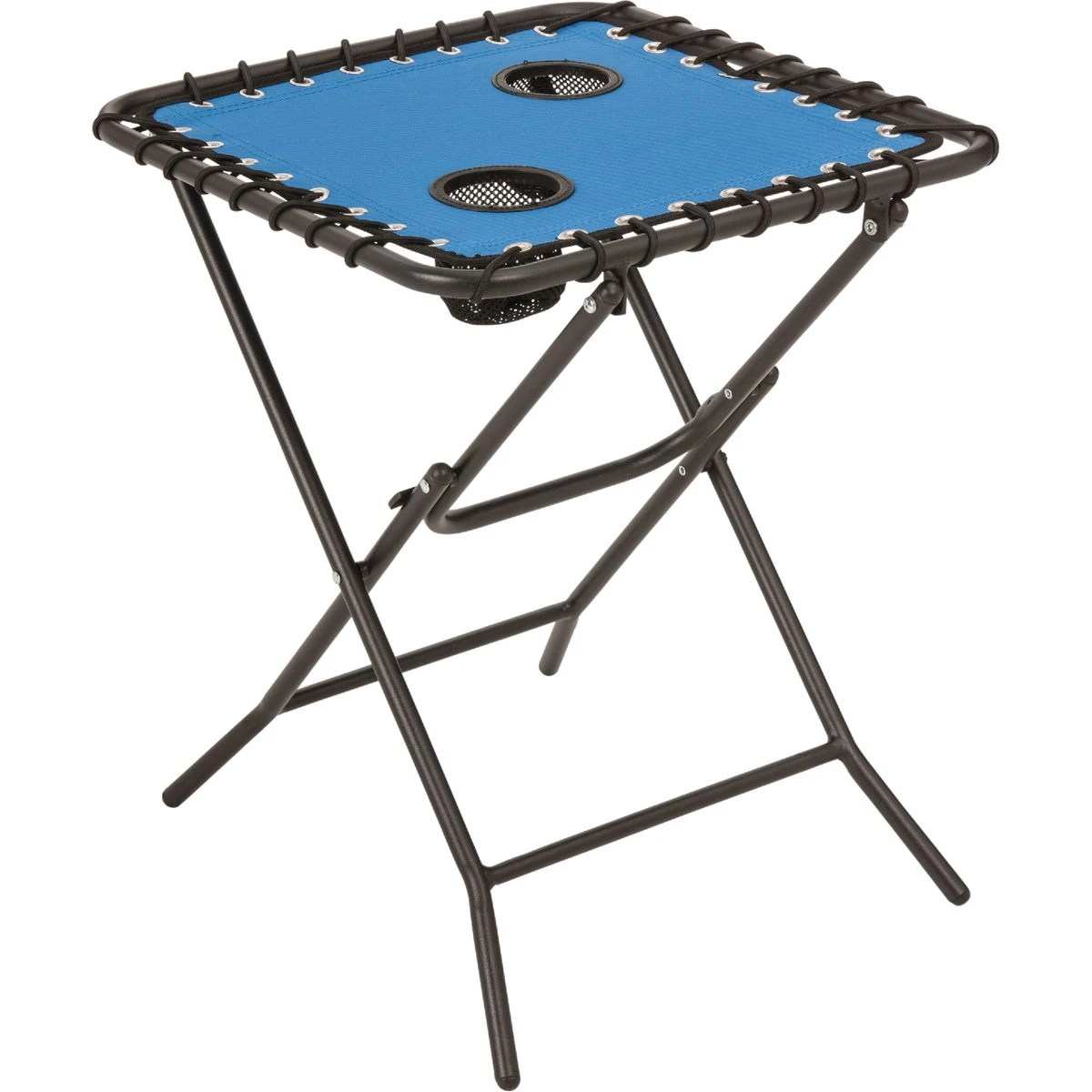 Blue 18 Inch Square Steel Folding Side Table With Cup Holders