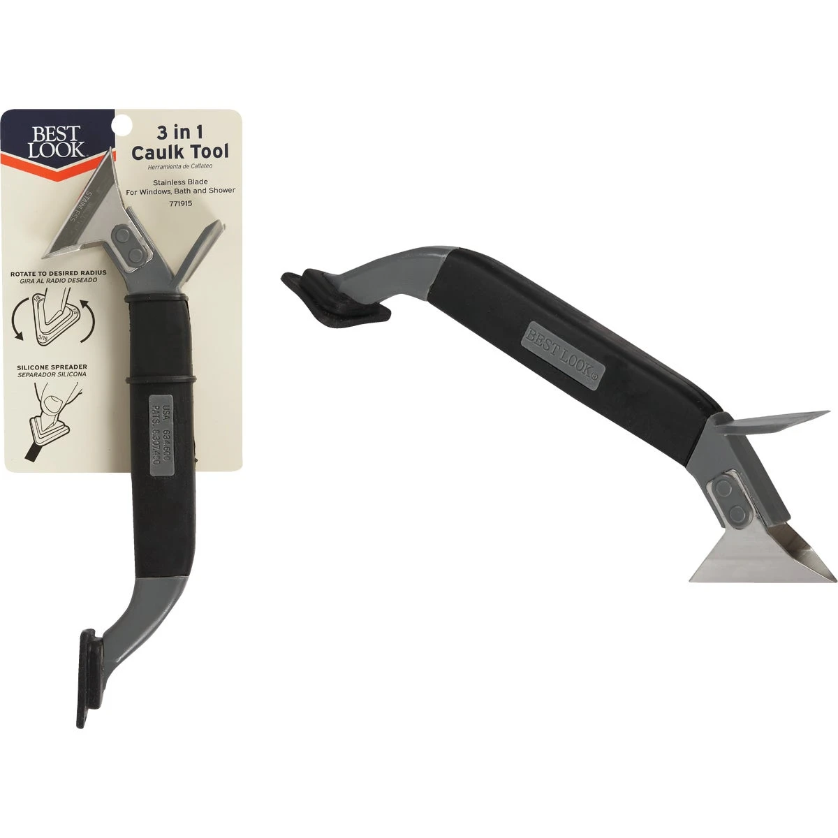 3-in-1 Caulk Tool With Stainless Steel Blade And Soft Grip Handle