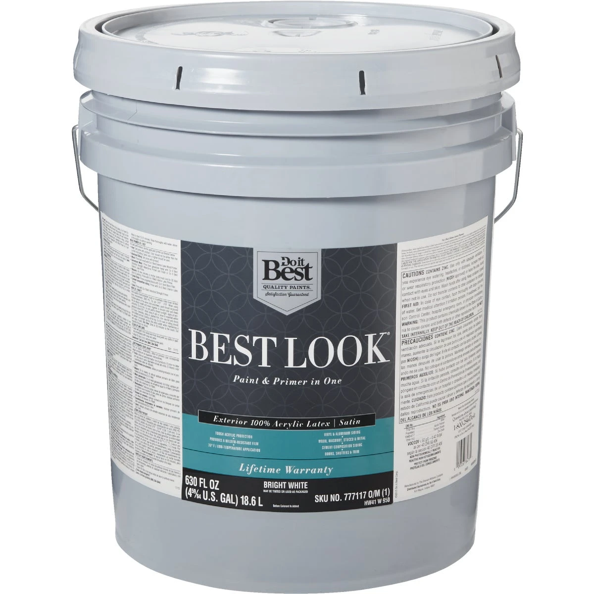 Best Look 100% Acrylic Latex Premium Paint & Primer Satin Exterior House Paint, Bright White, 5 Gallon
