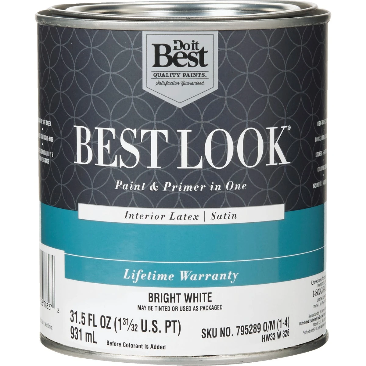 Best Look Latex Premium Paint & Primer In One Satin Interior Wall Paint, Bright White, 1 Quart