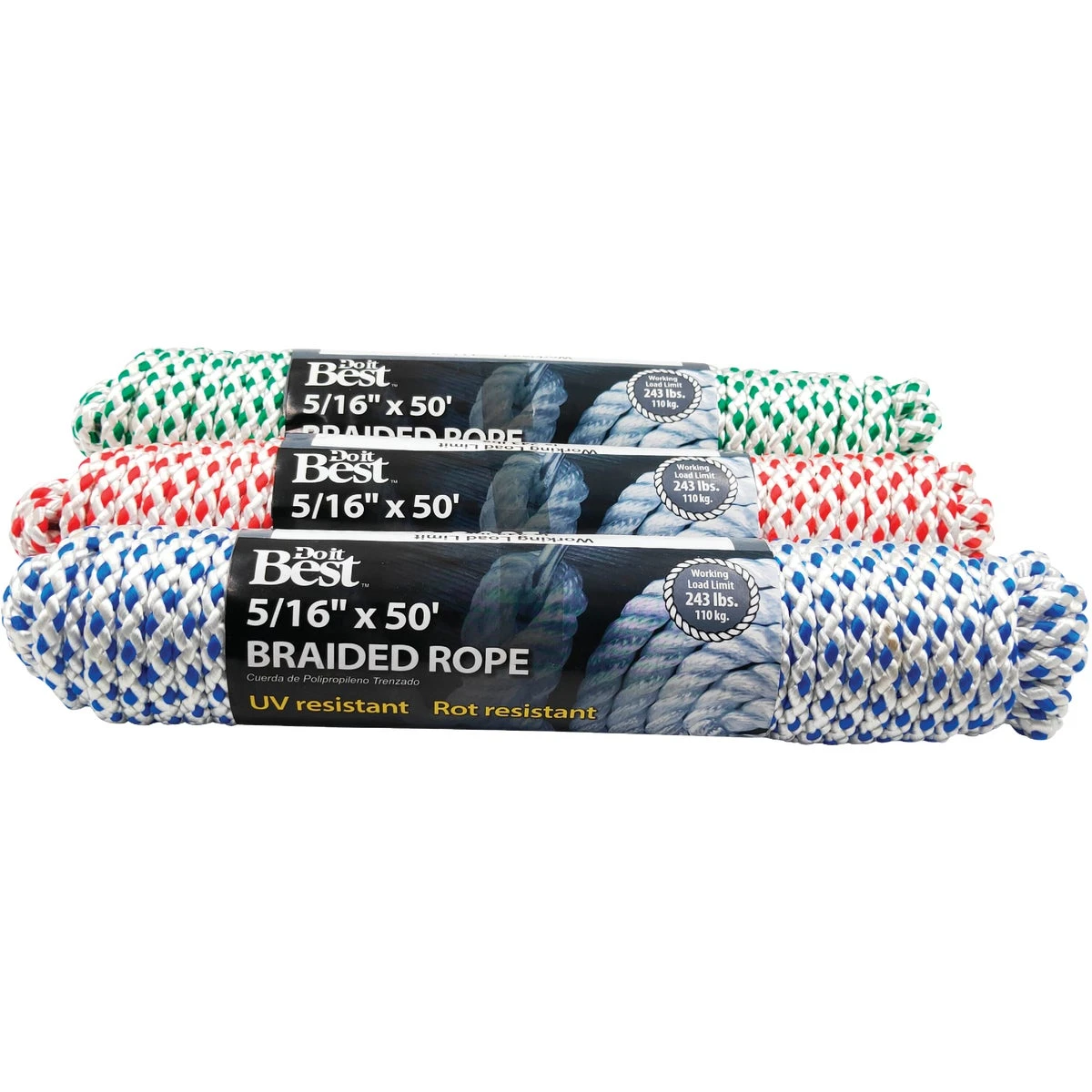 5/16" X 50' Assorted Colors Diamond Braided Polyester Rope - 243 Lb Load Capacity