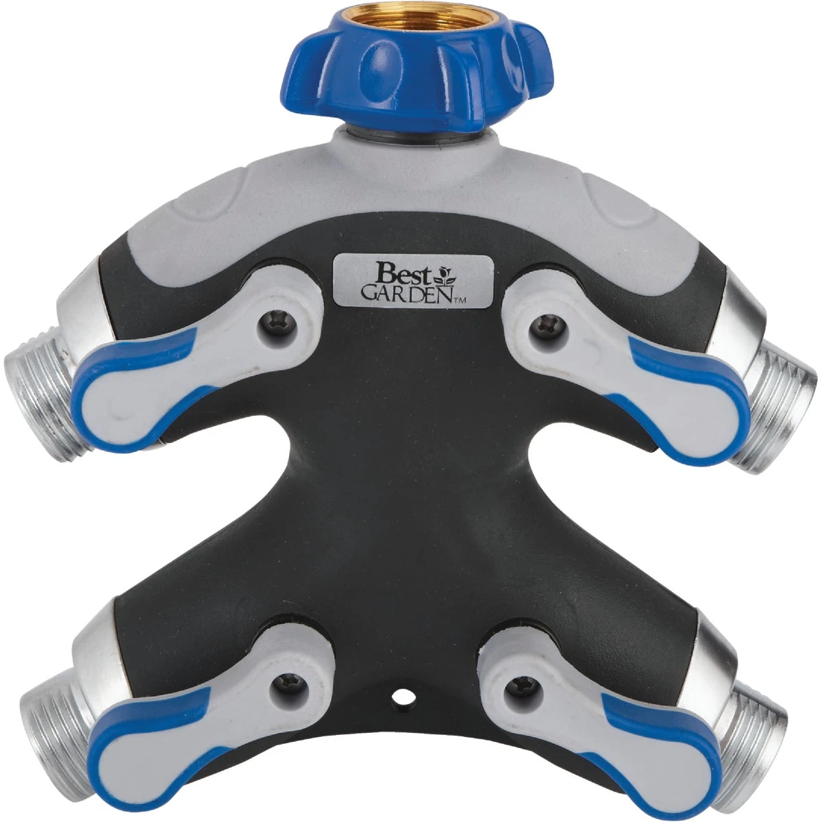 Metal 4-outlet Hose Shutoff Manifold With Rubber Overmold And Large Knobs