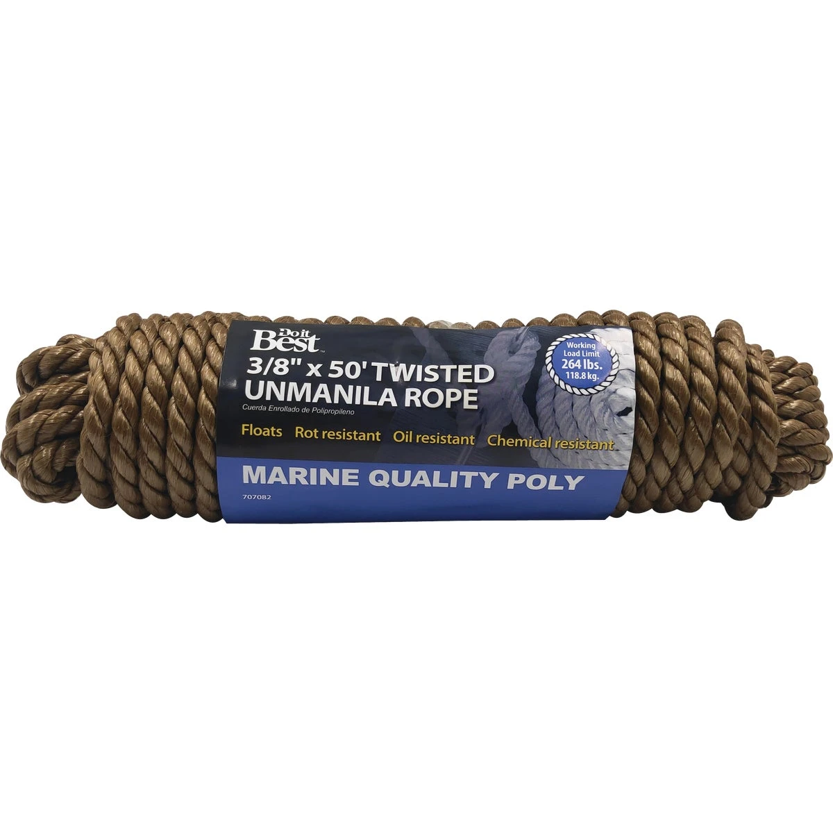 3/8" X 50' Natural Twisted Unmanila Polypropylene Rope - Marine Quality