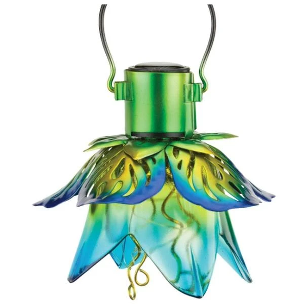 12562 13 In. Blue Metal & Glass Solar Hand Painted Mini Flower Lantern 4 Pk