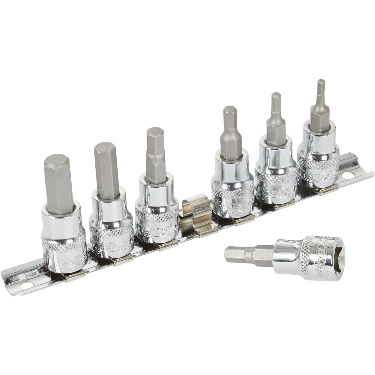 Metric 3/8 Inch Drive 6-point Hex Bit Socket Set - 7 Pieces With Storage Rail