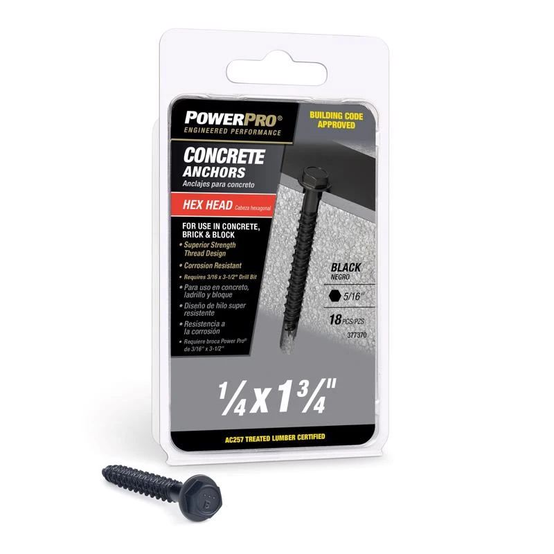 Power Pro 1/4" Diameter X 1-3/4" Length Carbon Steel Hex Head Concrete Screw Anchor - 18 Pieces