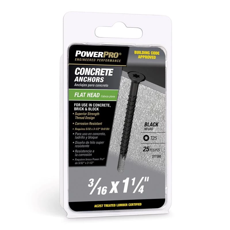 Power Pro 3/16 In. Diameter X 1-1/4 In. Length Carbon Steel Flat Head Concrete Screw Anchor