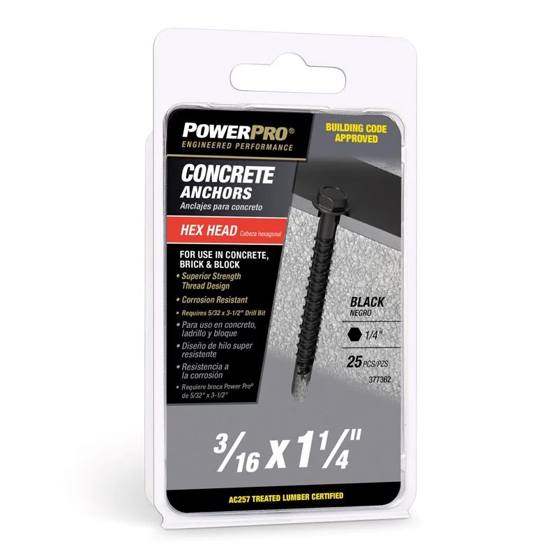 Power Pro 3/16 In. Diameter X 1-1/4 In. Length Carbon Steel Hex Head Concrete Screw Anchor