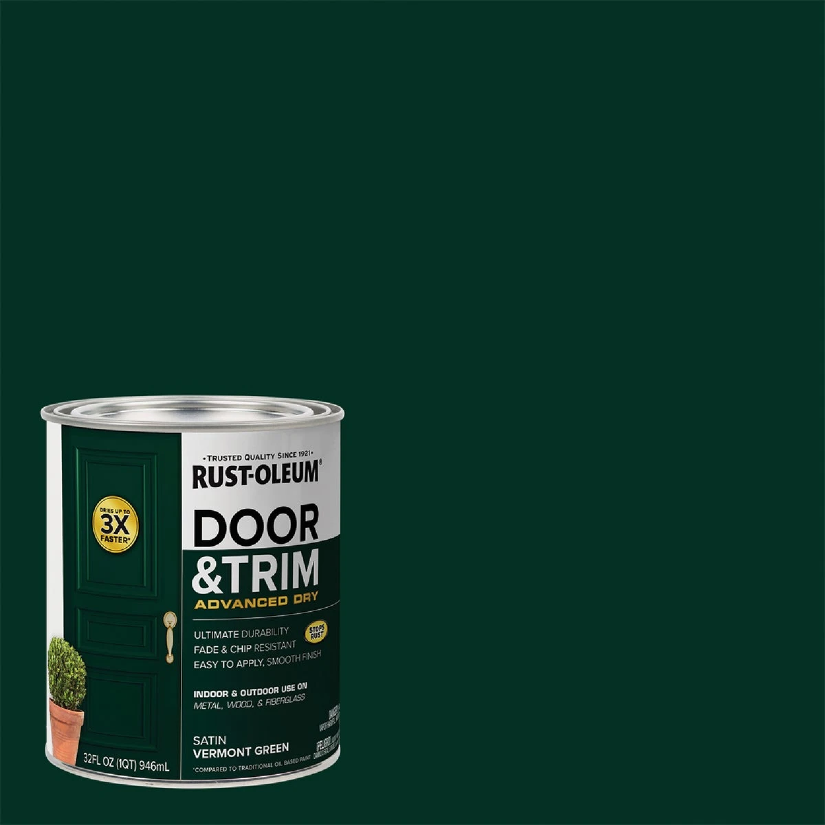 Door and Trim Paint, Interior and Exterior Use, Water Based Satin Finish, Vermont Green, Quart