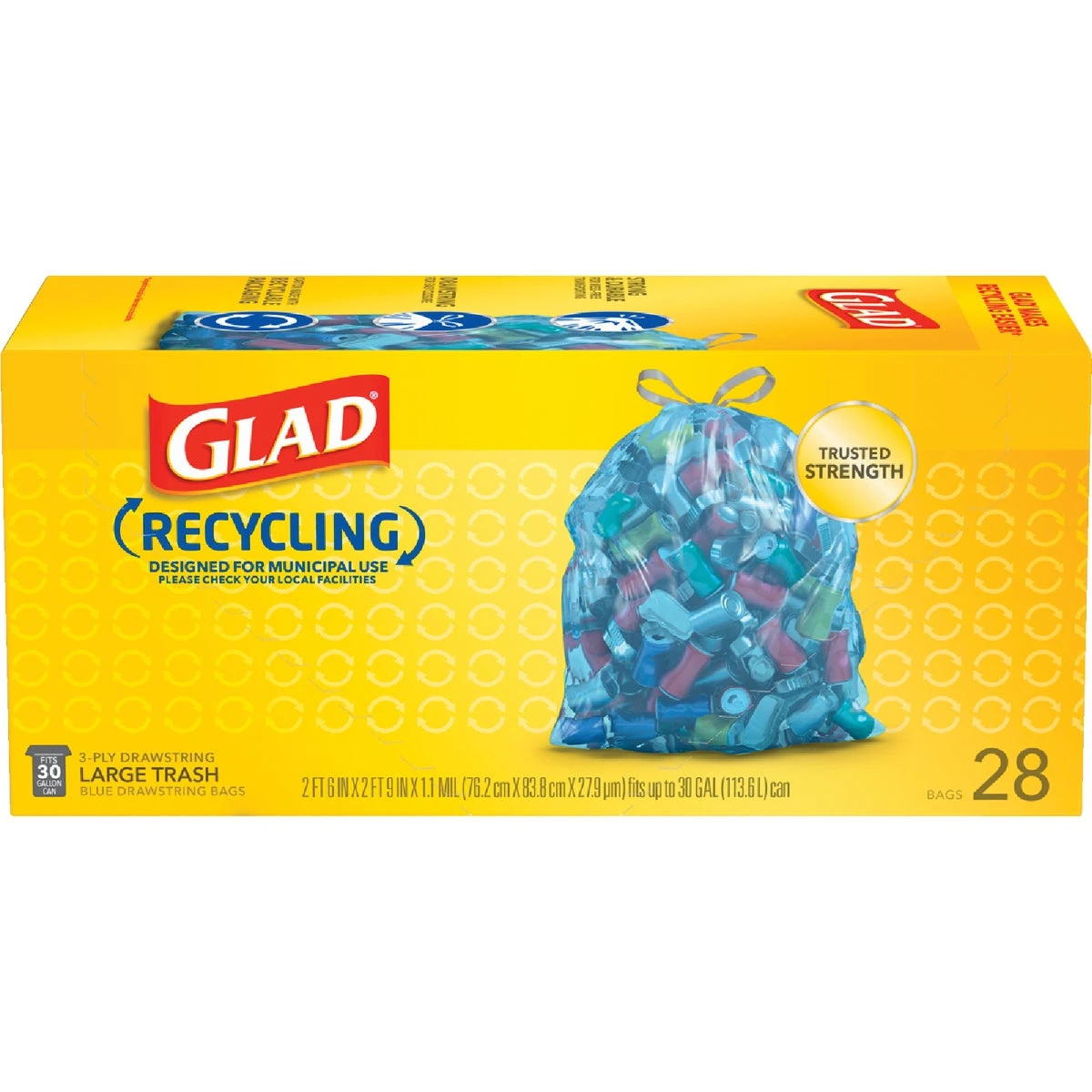 Recycling 30 Gallon Large Blue Trash Bag With Drawstring Closure - 28 Count