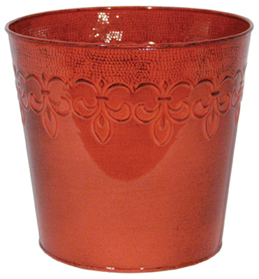 Fleur De Lis Design Metal Bowl Planter in Cayenne Red, 8 Inch Diameter