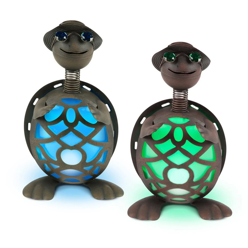 14.5 Inch Tall Solar-powered Metal Turtle Figurines Set Of Two