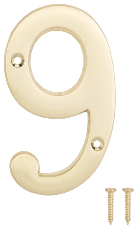 House Number 9 Satin Brass 4 Inch Enhanced Visibility Address Sign