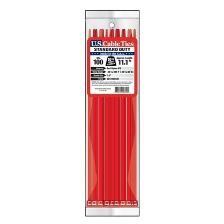 US Cable Ties SD11RD100 11 Inch Standard Duty Cable Ties, Red, 100 Pack