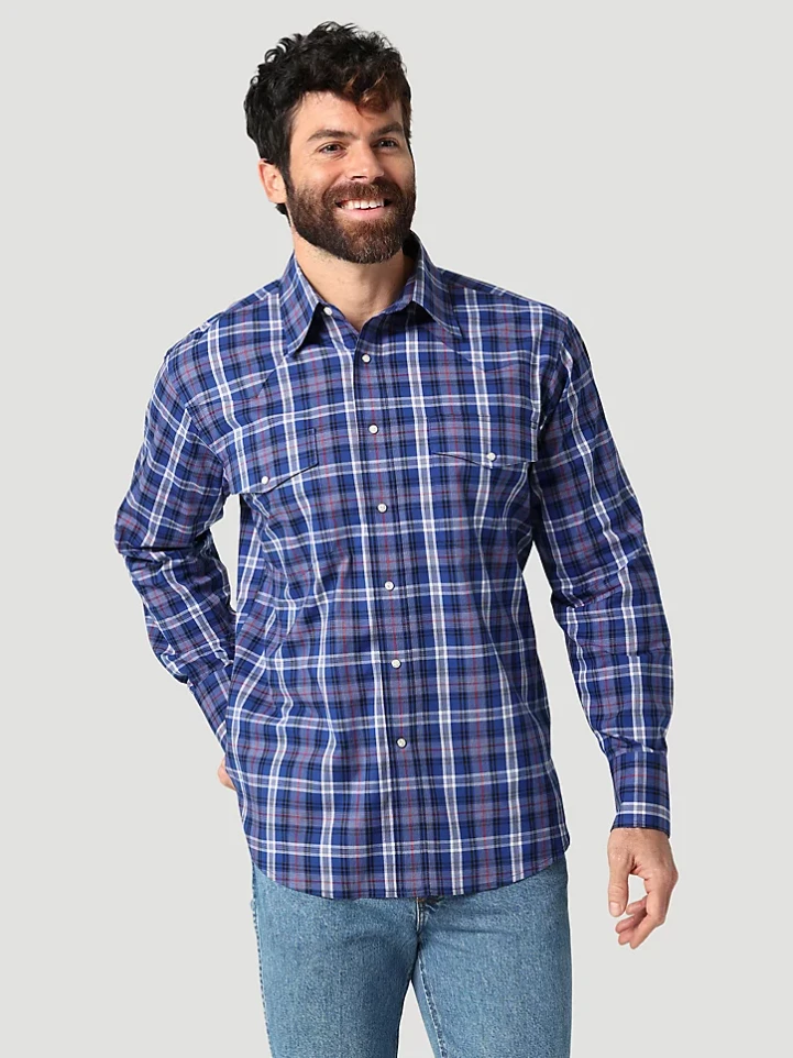 Men's Wrinkle Resistant Long Sleeve Western Snap Plaid Shirt, Sodalite, Medium