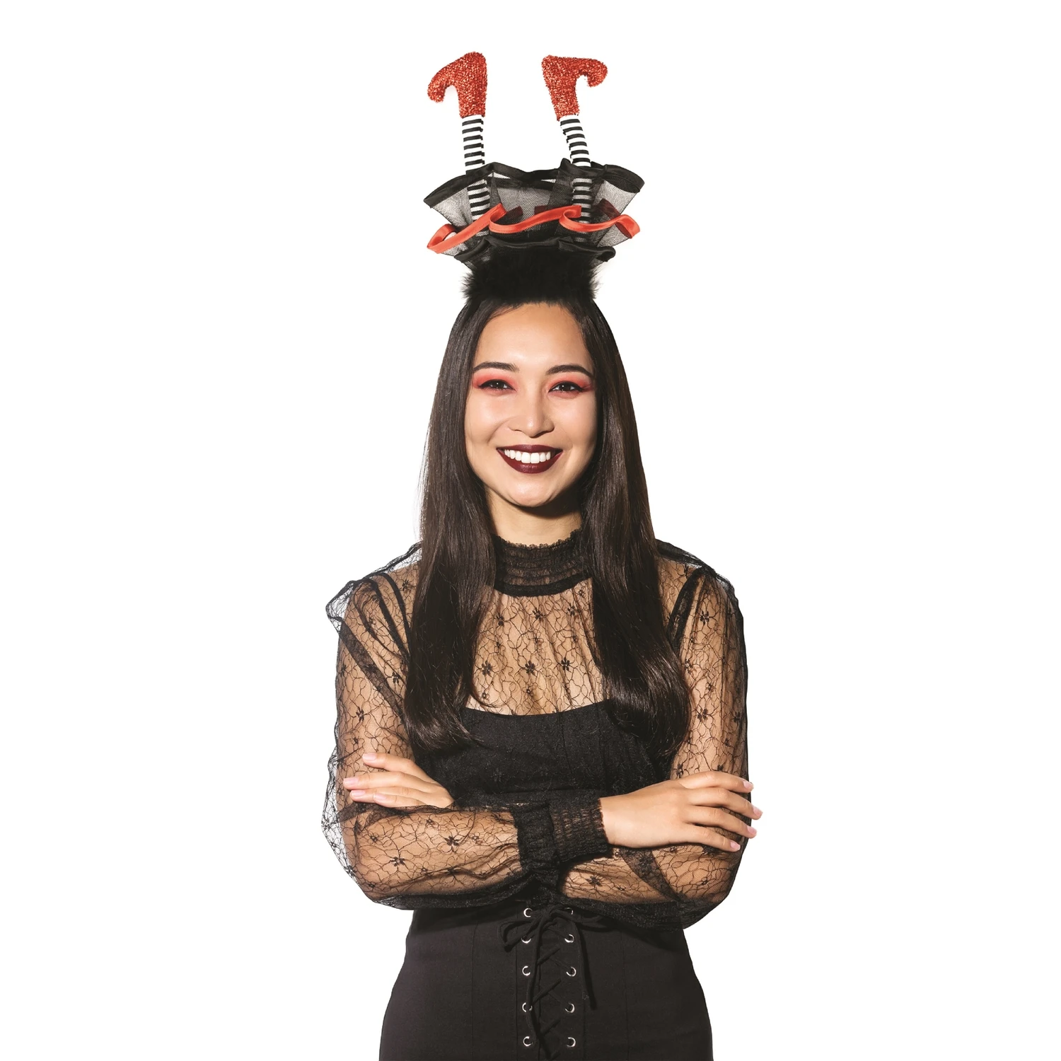 Let's Get Wicked 7 In. Headband With Witch Feet And Striped Stockings