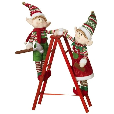 2-piece Plush Standing Holiday Elf Figurines Climbing On Ladder Set For Festive Decor