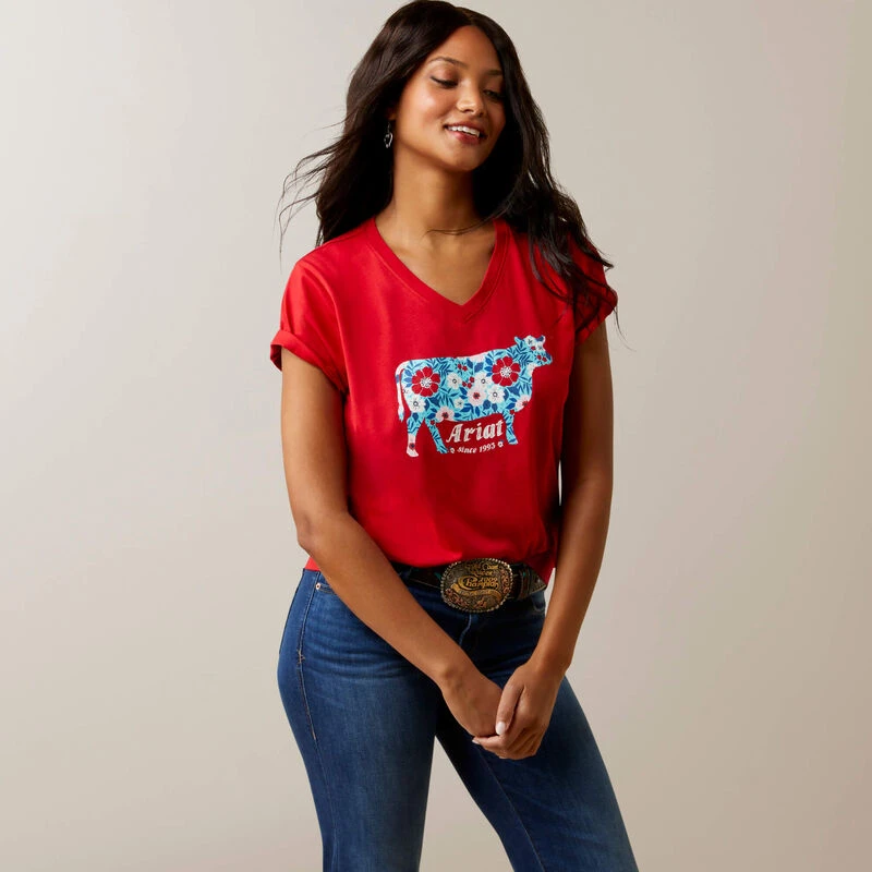 Women's Flower Cow T-shirt, Equestrian Red, Large - Soft Cotton V-neck Tee