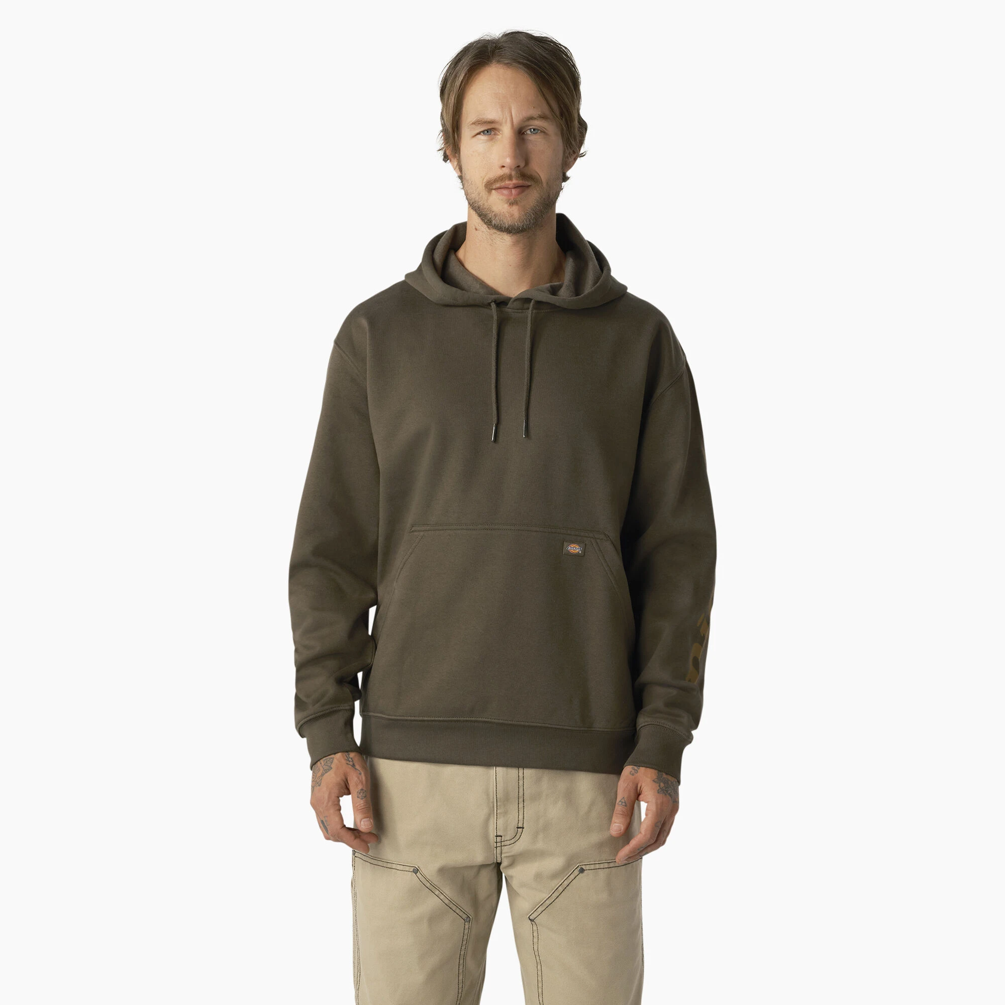 Water Repellent Logo Sleeve Hoodie, Moss Green, Medium Size, Durable Fleece