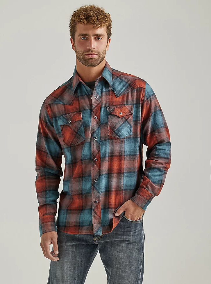 Men's Retro Long Sleeve Flannel Western Snap Plaid Shirt Teal Tan Plaid Xl