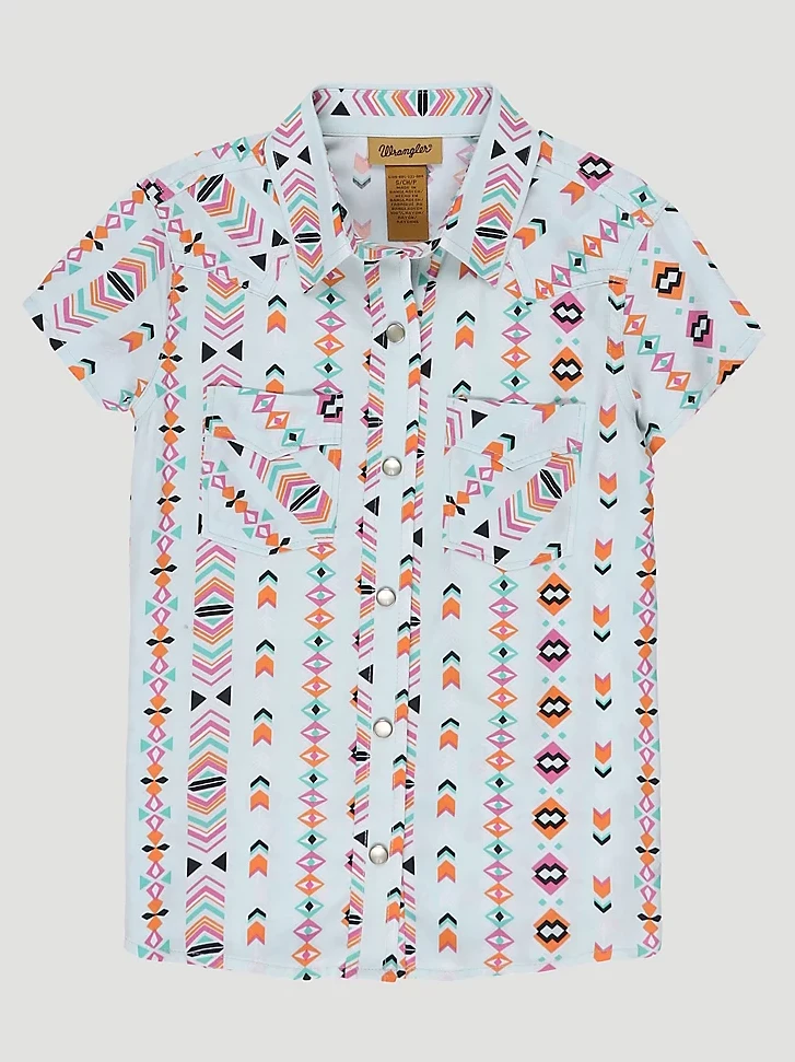 Girl's Light Blue Short Sleeve Printed Snap Shirt, Medium Size