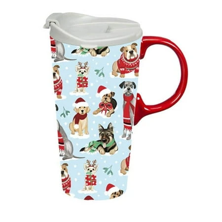 CERAMIC TRAVEL CUP, 17OZ WINTER DOGS IN SCARVES