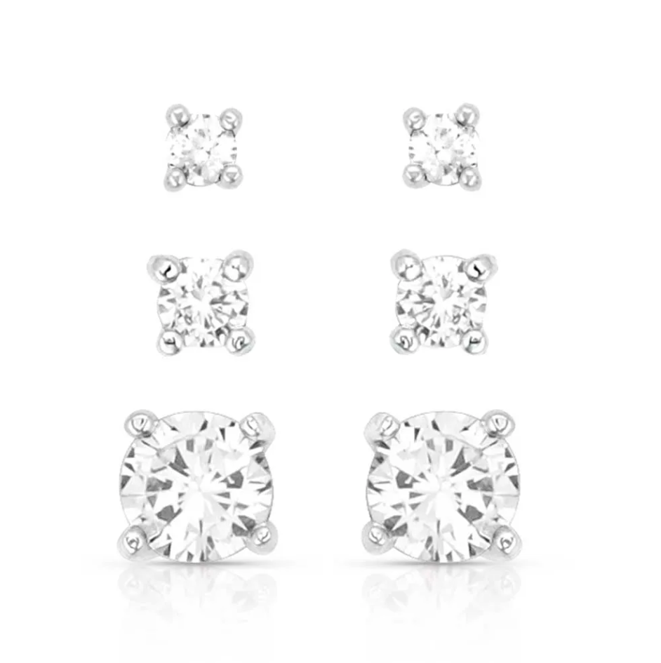 Shine Bright Triple Crystal Post Earring Set - Hypoallergenic, Rhodium Over Brass