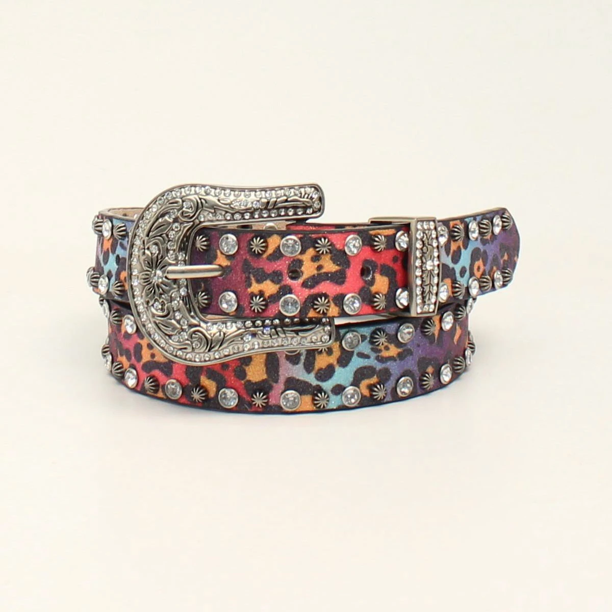 D130001097-s 1 In. Angel Ranch Western Girls Kids Belt With Glitter Leopard Print Studded Multi Color - Small