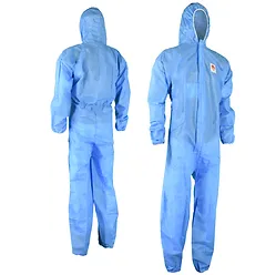 SAFESHIELD SMS DISPOSABLE BLUE COVERALLS, (Zipper Front, Hood, W/Elastic Wrist & Ankles) 1 CS.  SIZE: LARGE
