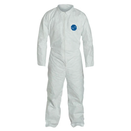 Tyvek® 400 Coverall TY120S- Serged Seams, Collar, Elastic Waist, Open Wrists/Ankles, Front Zipper, Storm Flap, White, Large, 1 Case