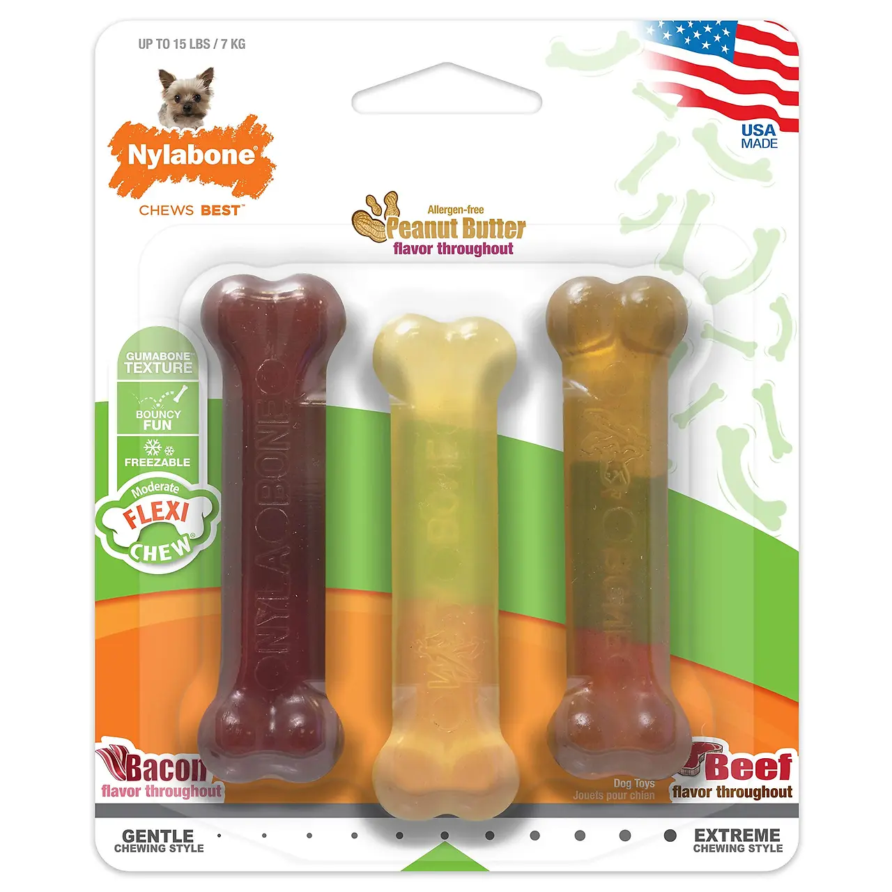 NYLAbone FLEXI CHEW Peanut Butter / BaCoN 3PK PETITe