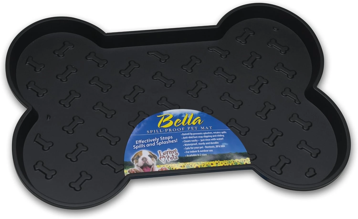 Bella Spill-proof Bone Shaped Dog Mat, 18.25" X 13", Black